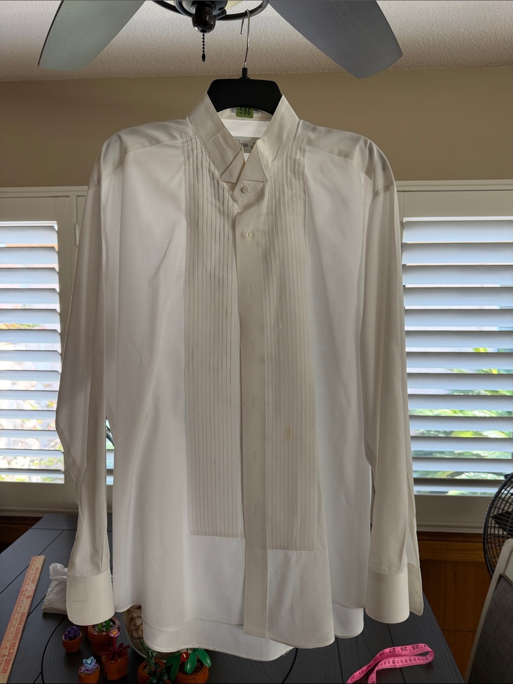 Men's White Pleated-Front Dress Shirt with Stand Collar